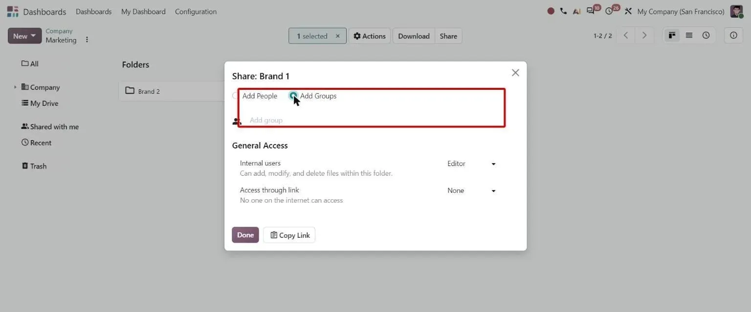 Folder Share dialog with the new Add Groups option to grant access by user group