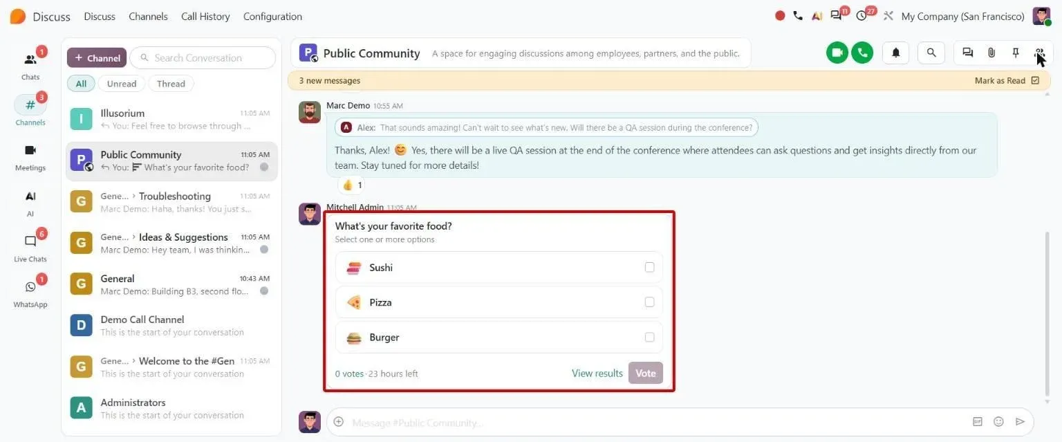 A poll in a Discuss channel with options, vote count and time left
