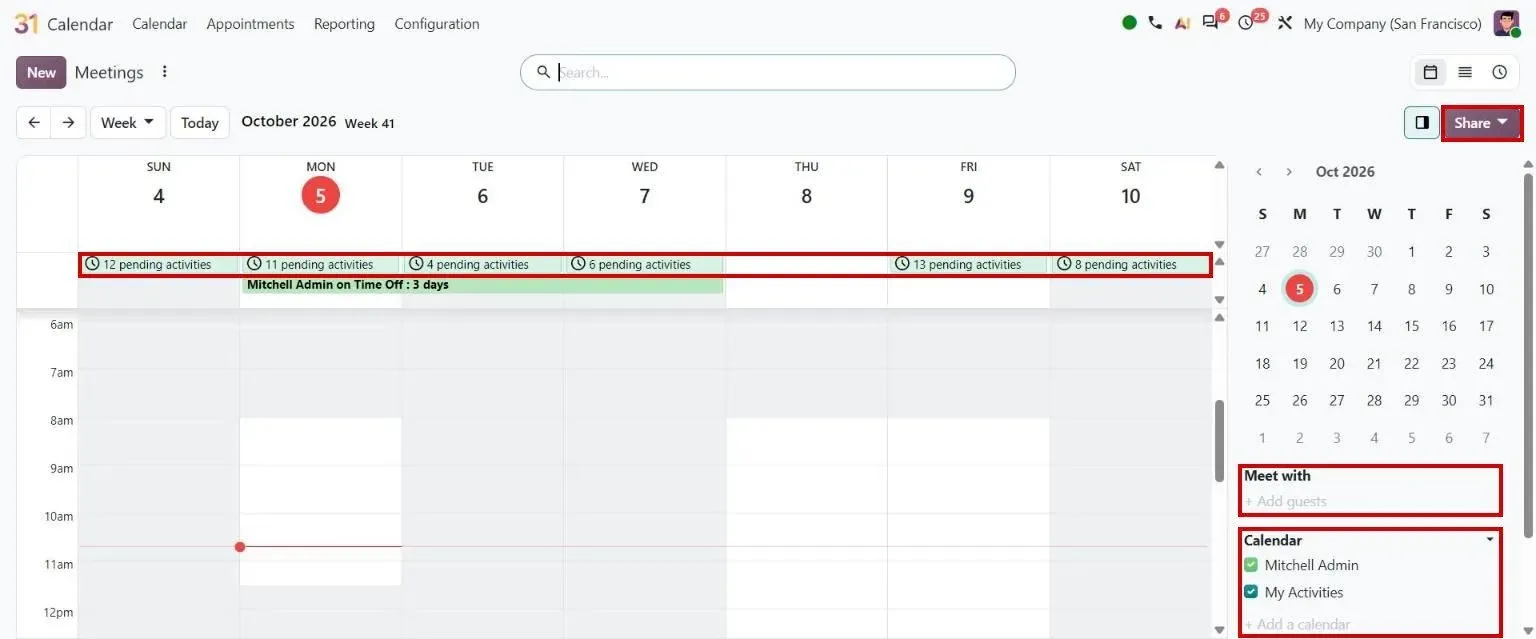 Calendar: My Calendars, Meet with, Share, pending activities