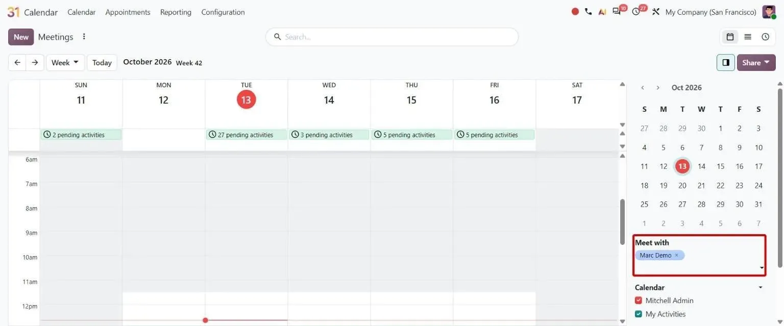 Meet with field showing a colleague's availability greyed out in the week view
