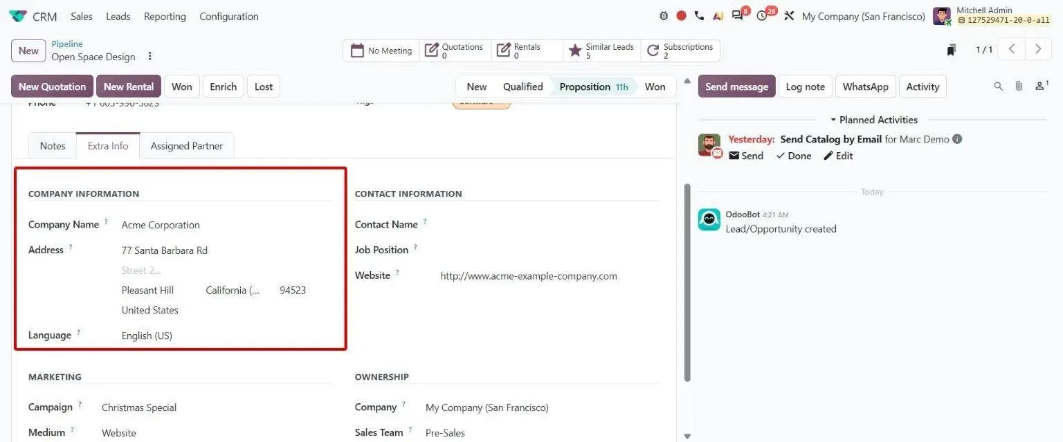 Lead form Extra Info tab showing company address fields in developer mode