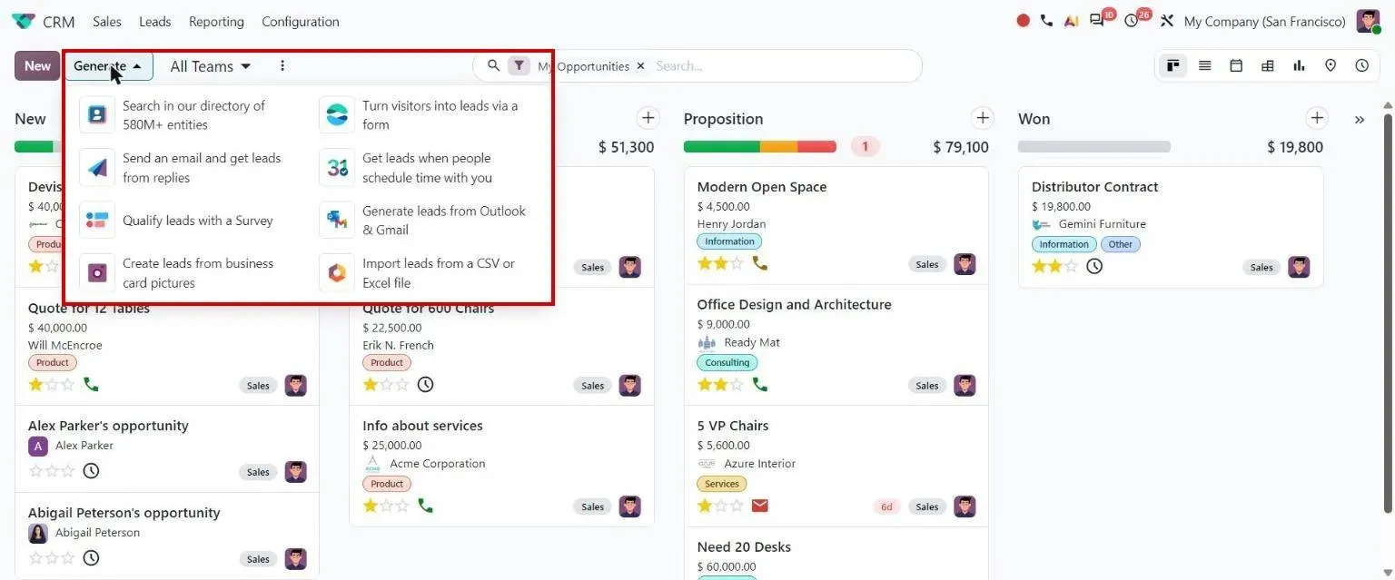 CRM Generate menu with lead sources