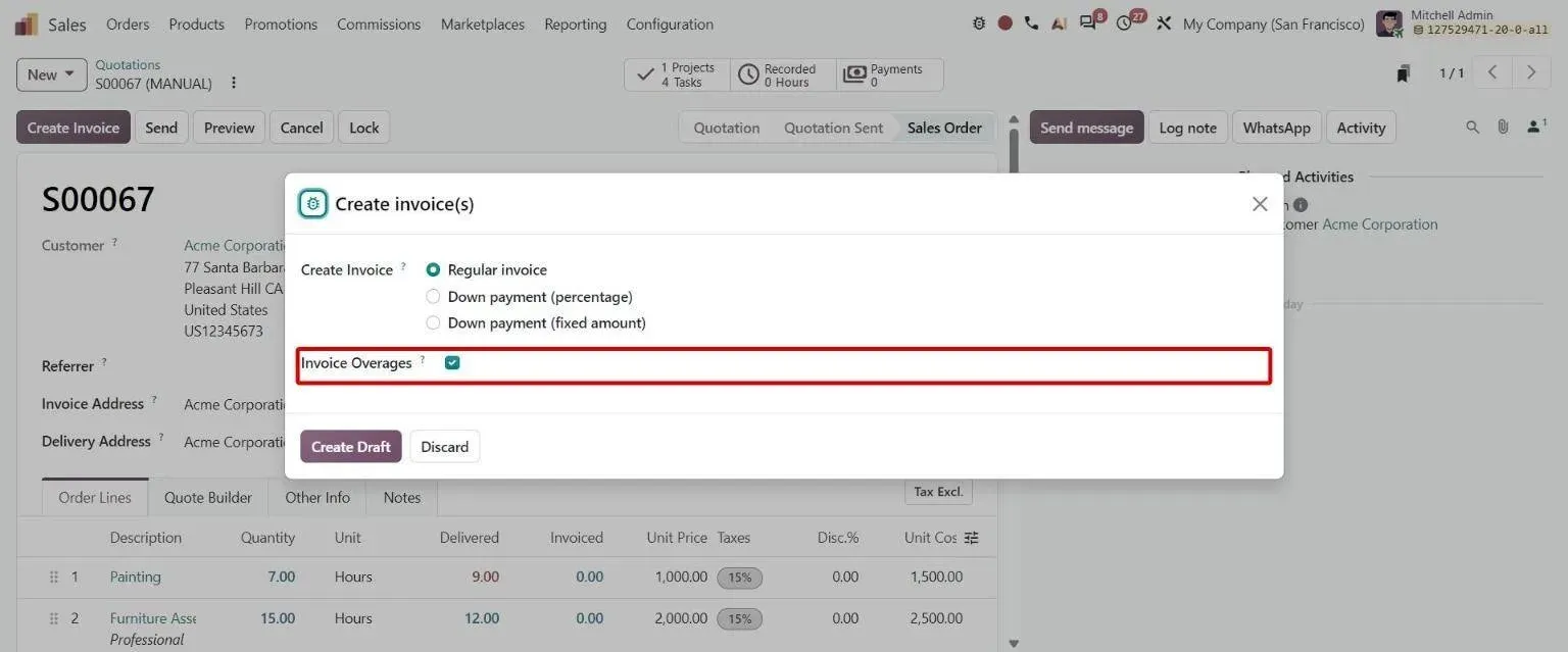 Create Invoice wizard with new Invoice Overages option for over-delivered services