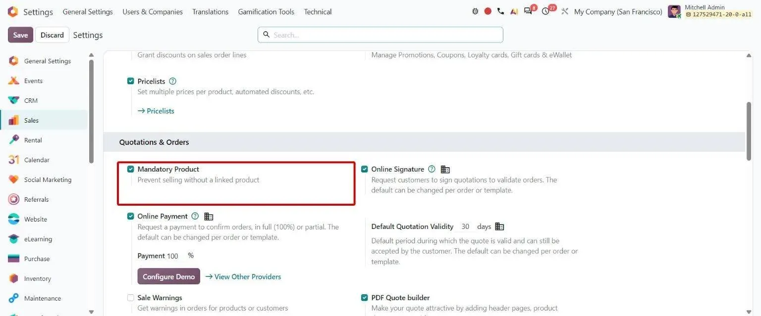 Sales settings with new Mandatory Product option controlling product-less order lines