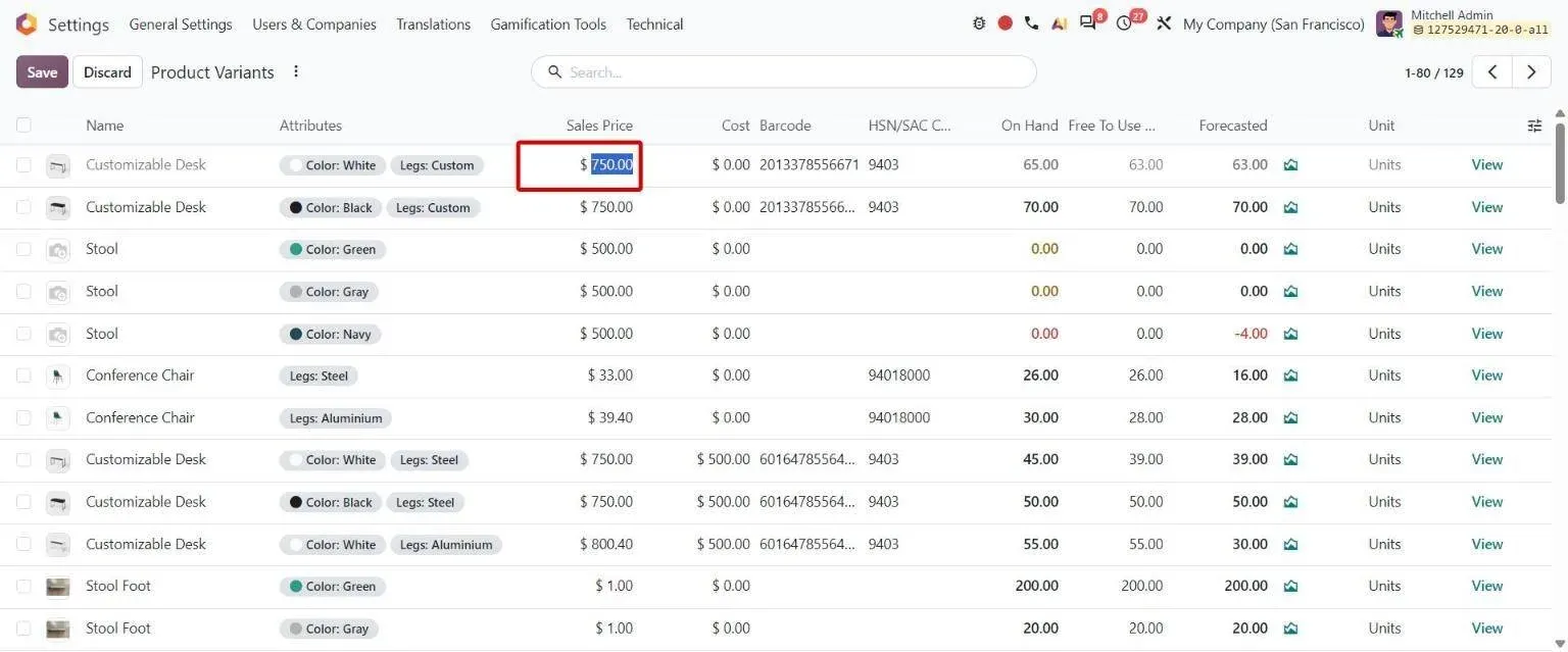 Product Variants list with Sales Price editable inline per variant