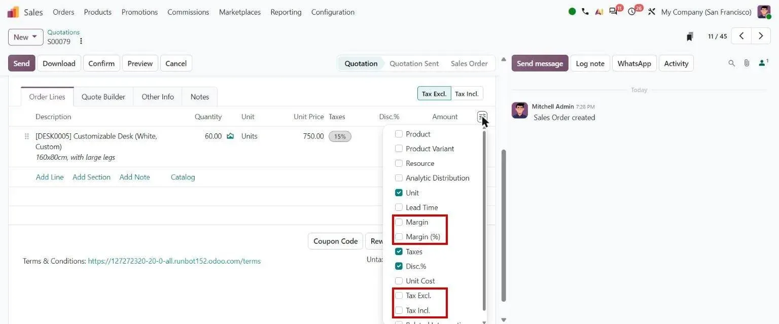 Order line optional columns: Margin, Tax Excl., Tax Incl.