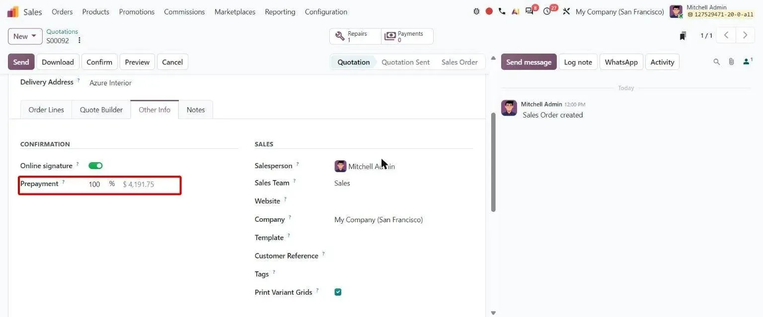 Quotation Other Info tab with prepayment as percentage and fixed amount