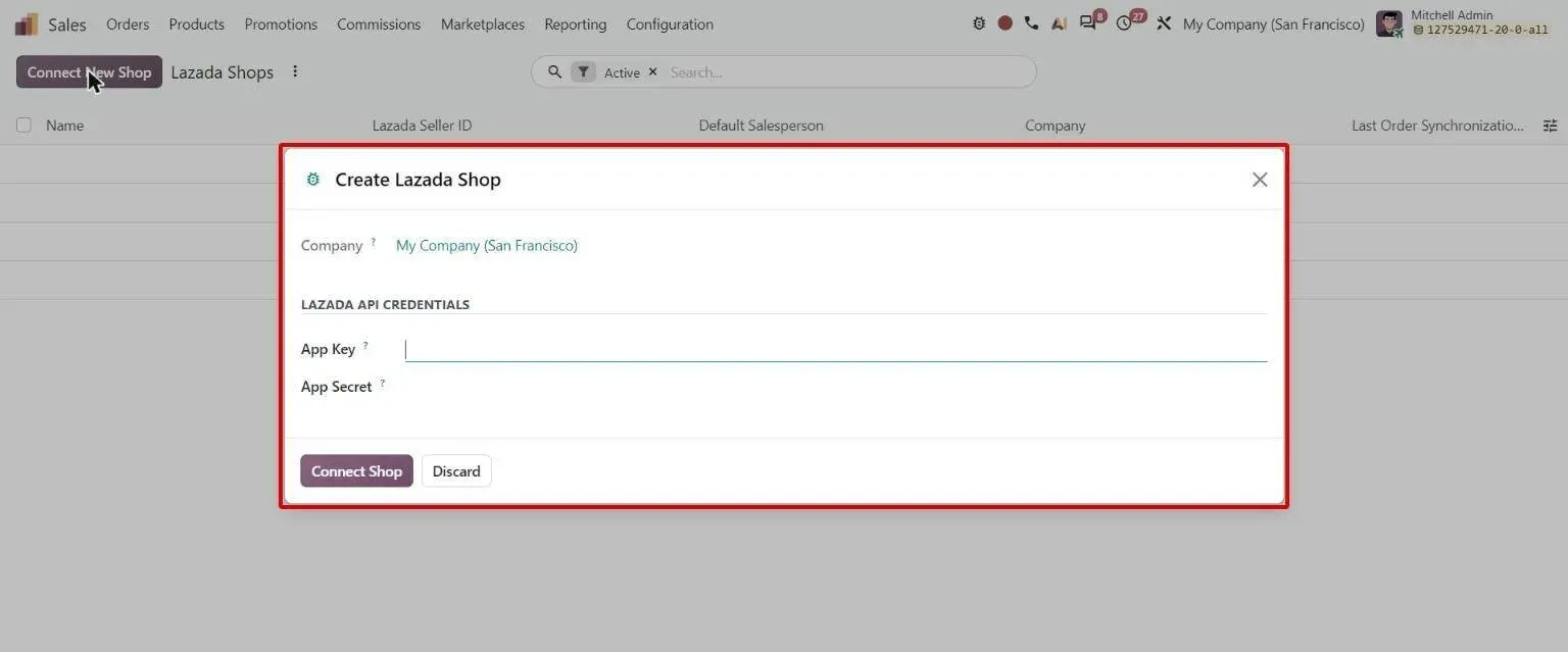 Lazada Shops menu with Create Lazada Shop connection wizard