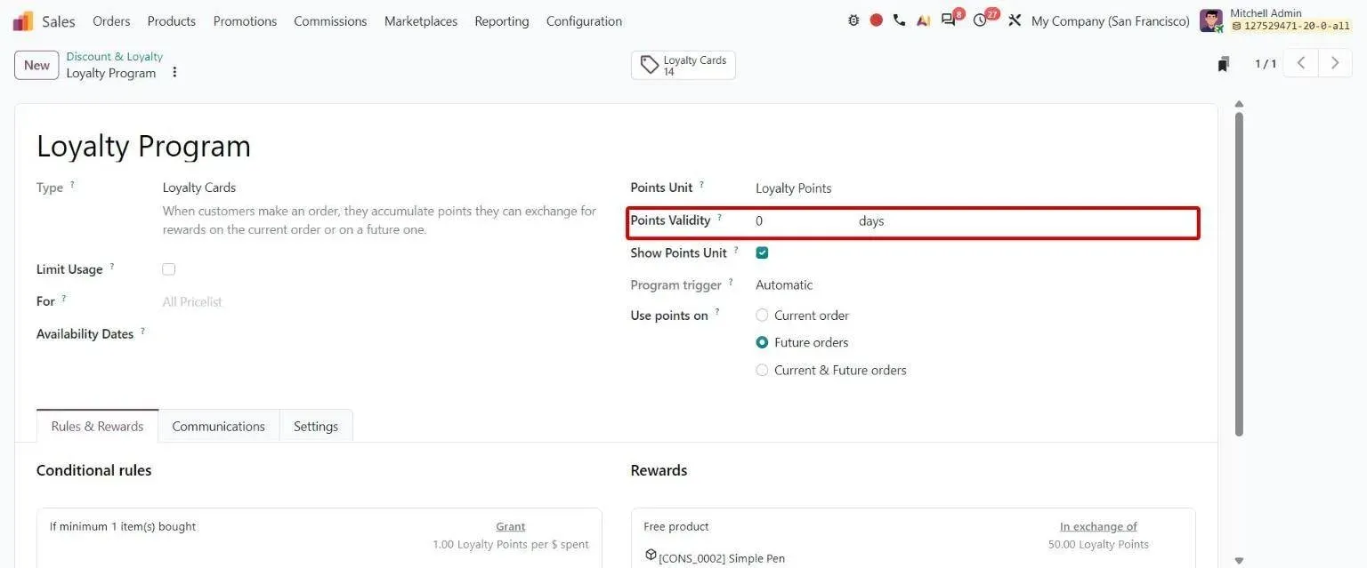 Loyalty program form with new Points Validity field in days