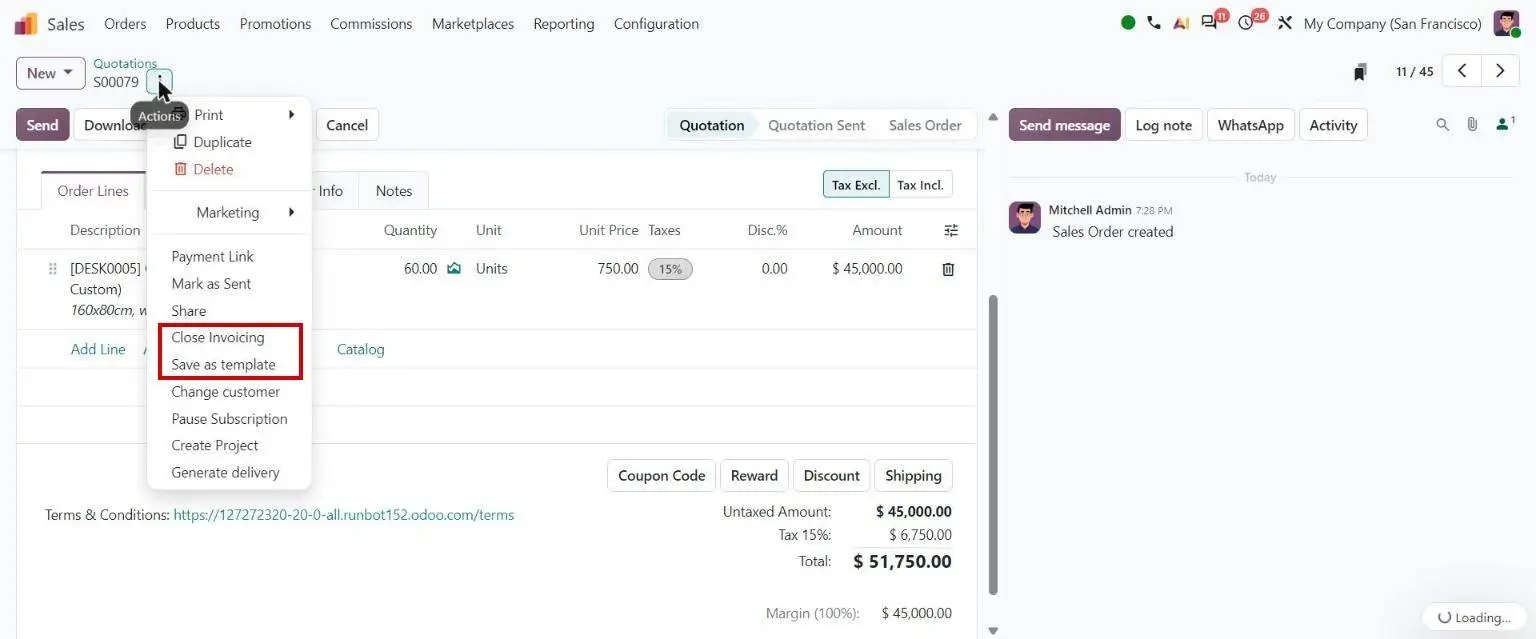 Quotation actions: Close Invoicing, Save as template
