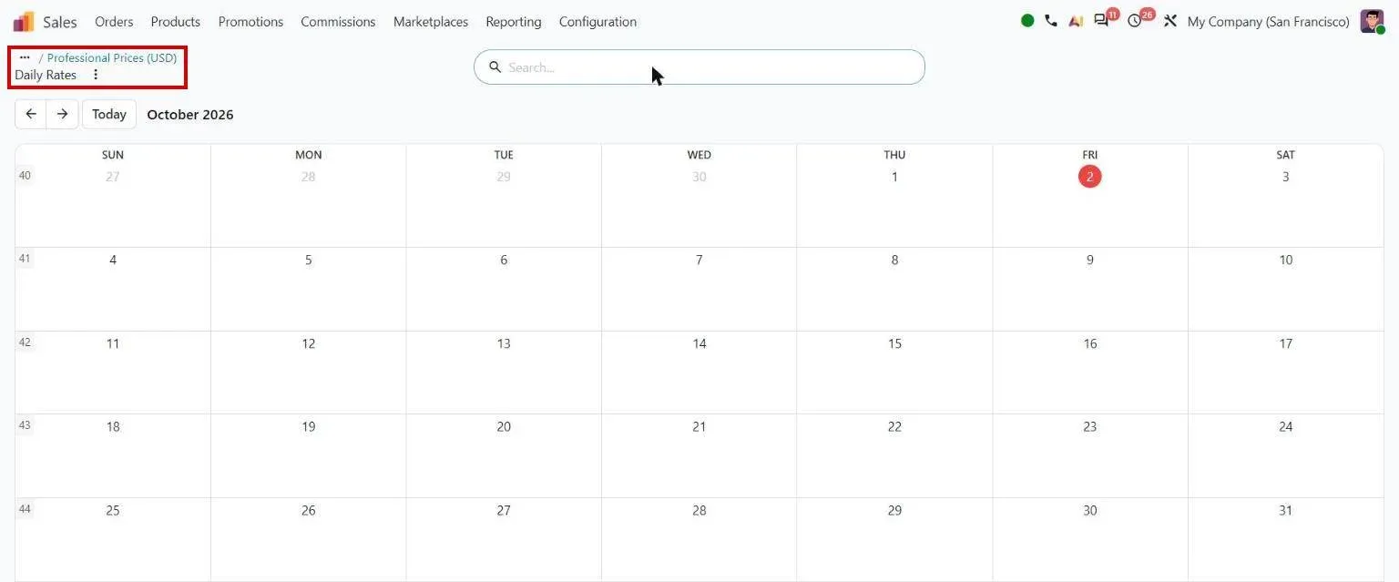 Pricelist Daily Rates calendar