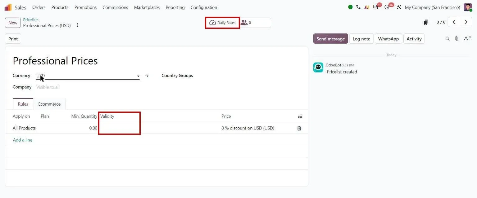 Pricelist rules with Validity column and Daily Rates button