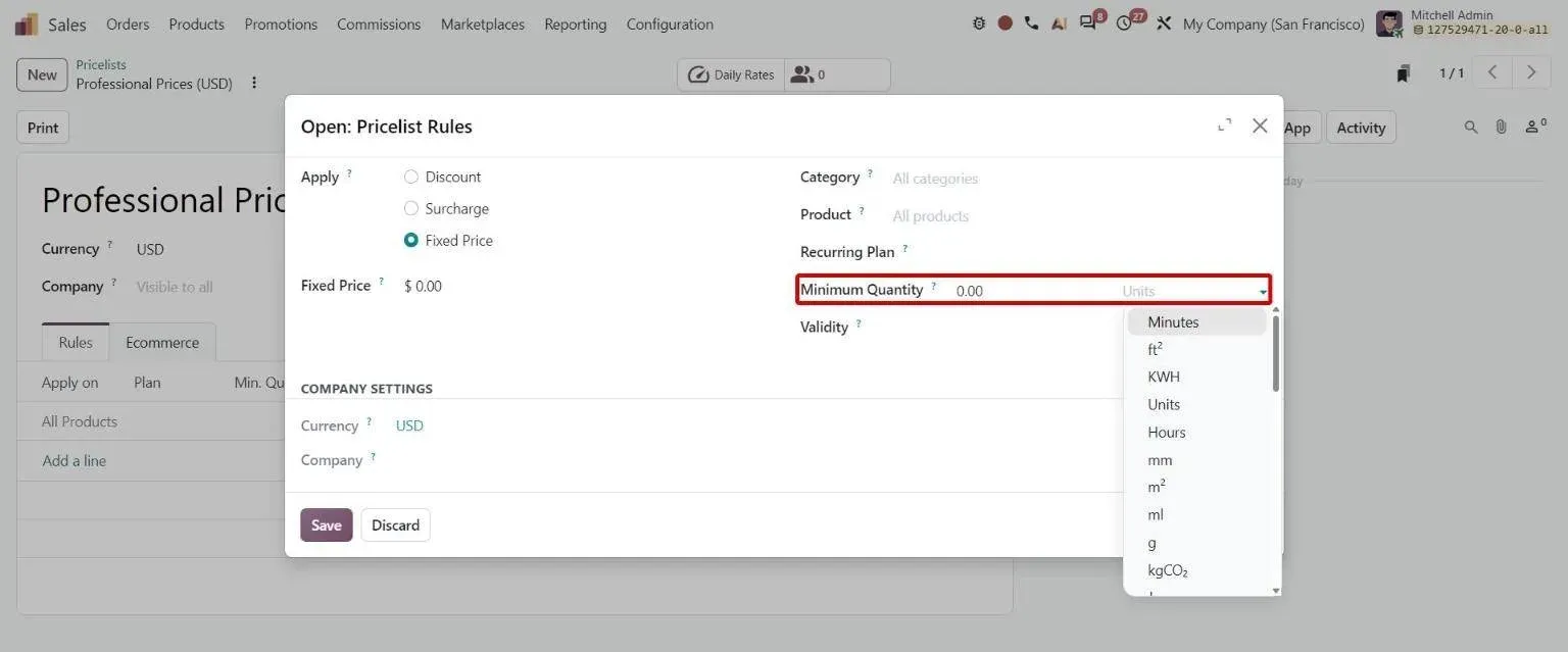 Pricelist rule with unit/packaging selector next to minimum quantity