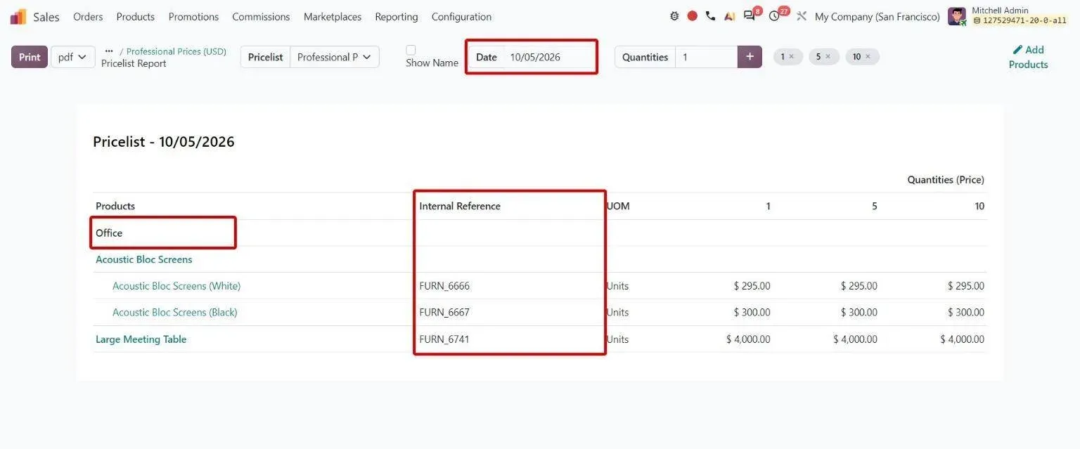 Pricelist report with date picker, product category grouping and internal reference column