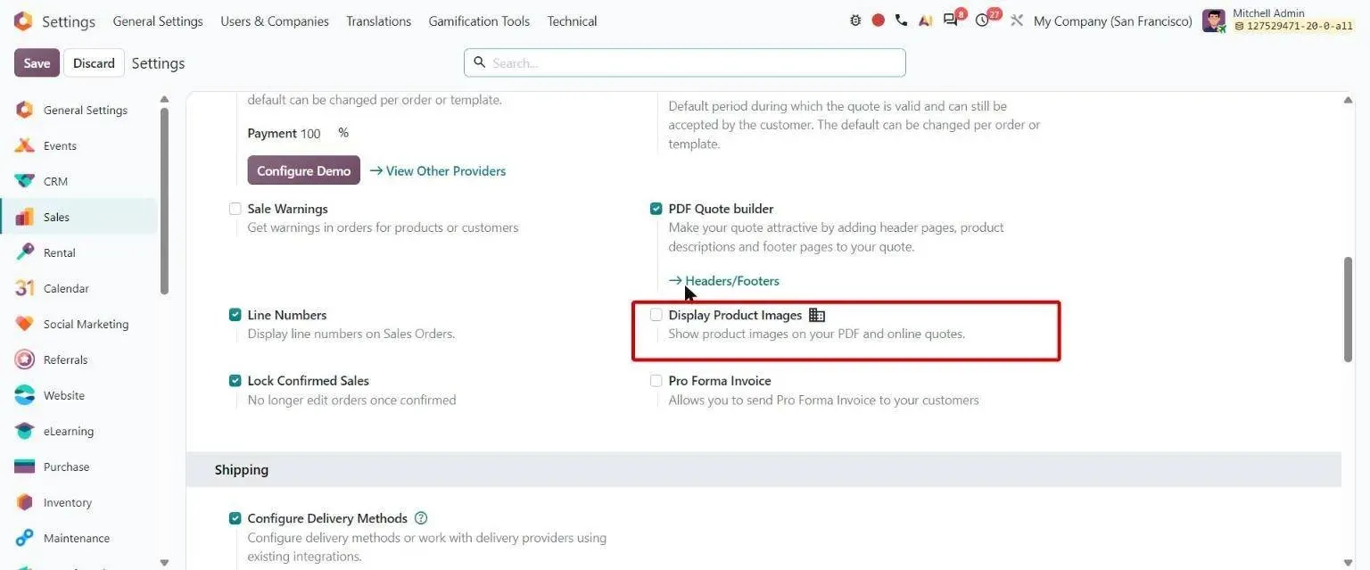 Sales settings with new Display Product Images option for PDF and online quotes