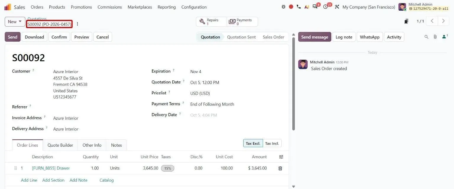 Quotation breadcrumb showing customer reference beside order number
