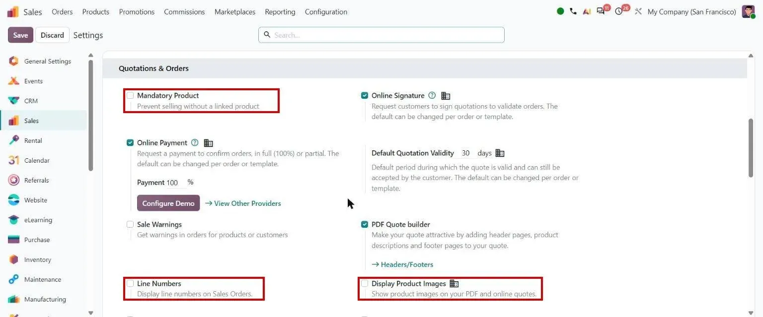 Sales settings: Line Numbers, Mandatory Product, Display Product Images
