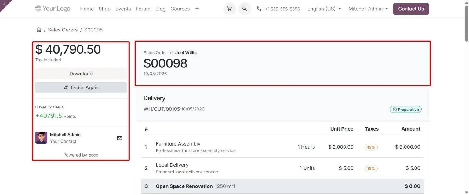 Redesigned portal order page with total/actions sidebar and order header card