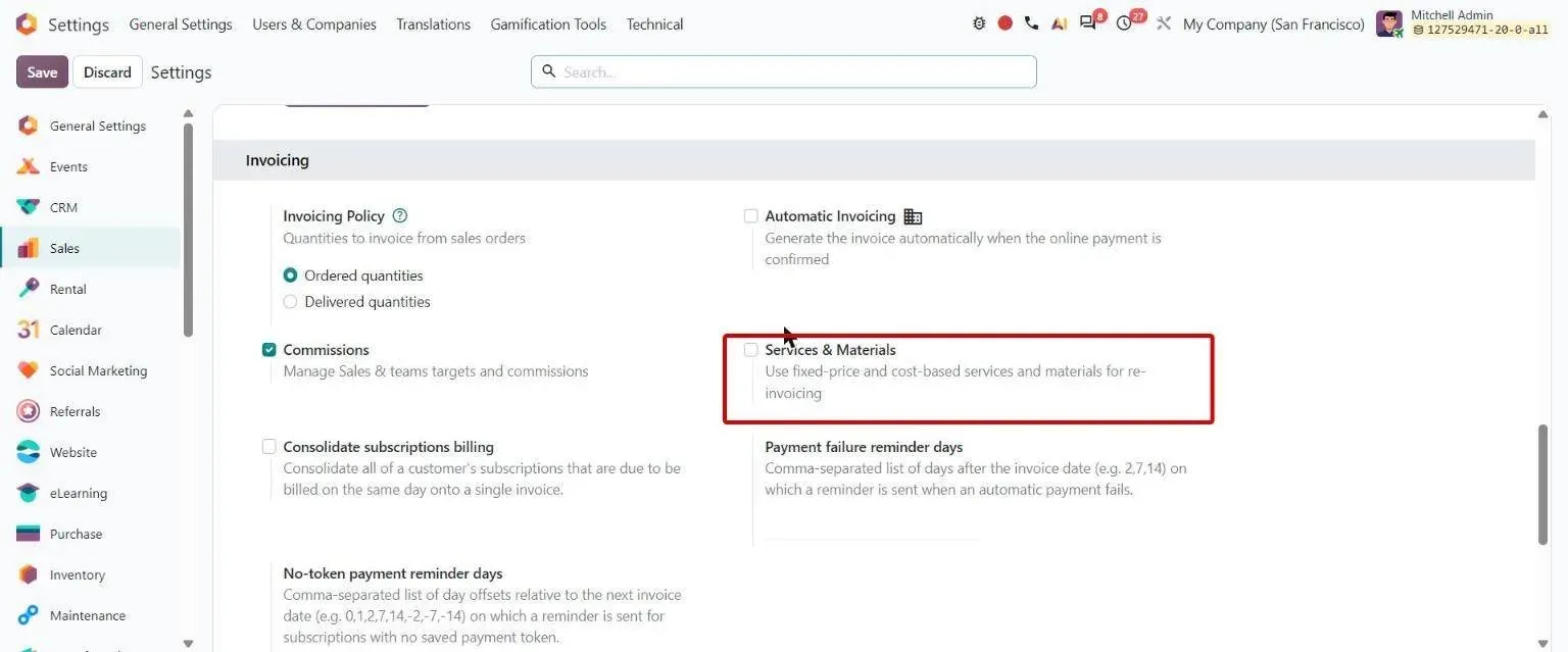 Sales settings with new Services & Materials re-invoicing option