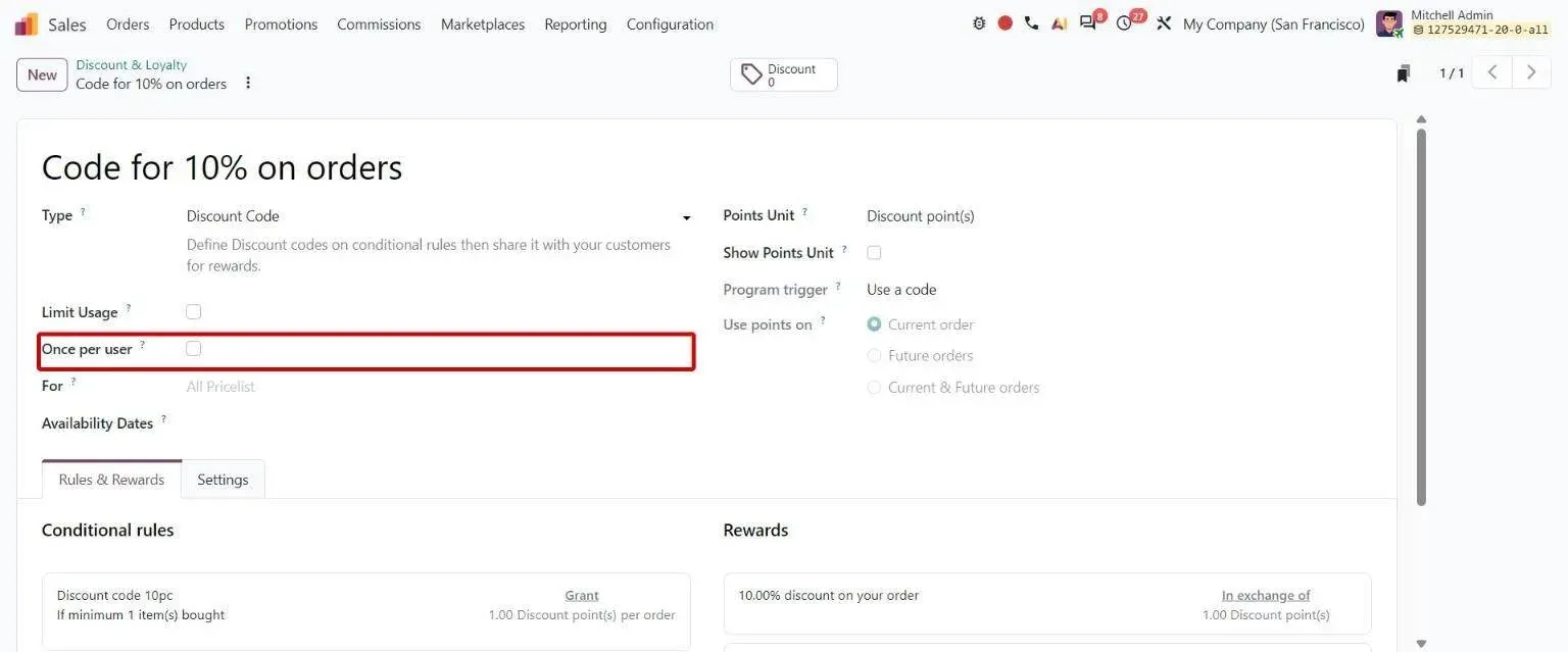 Discount Code program form with new Once per user option