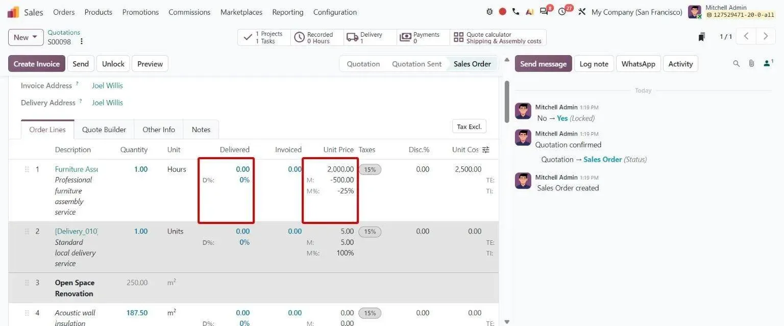 Order lines with Delivered %, Margin and Margin % stacked under main values