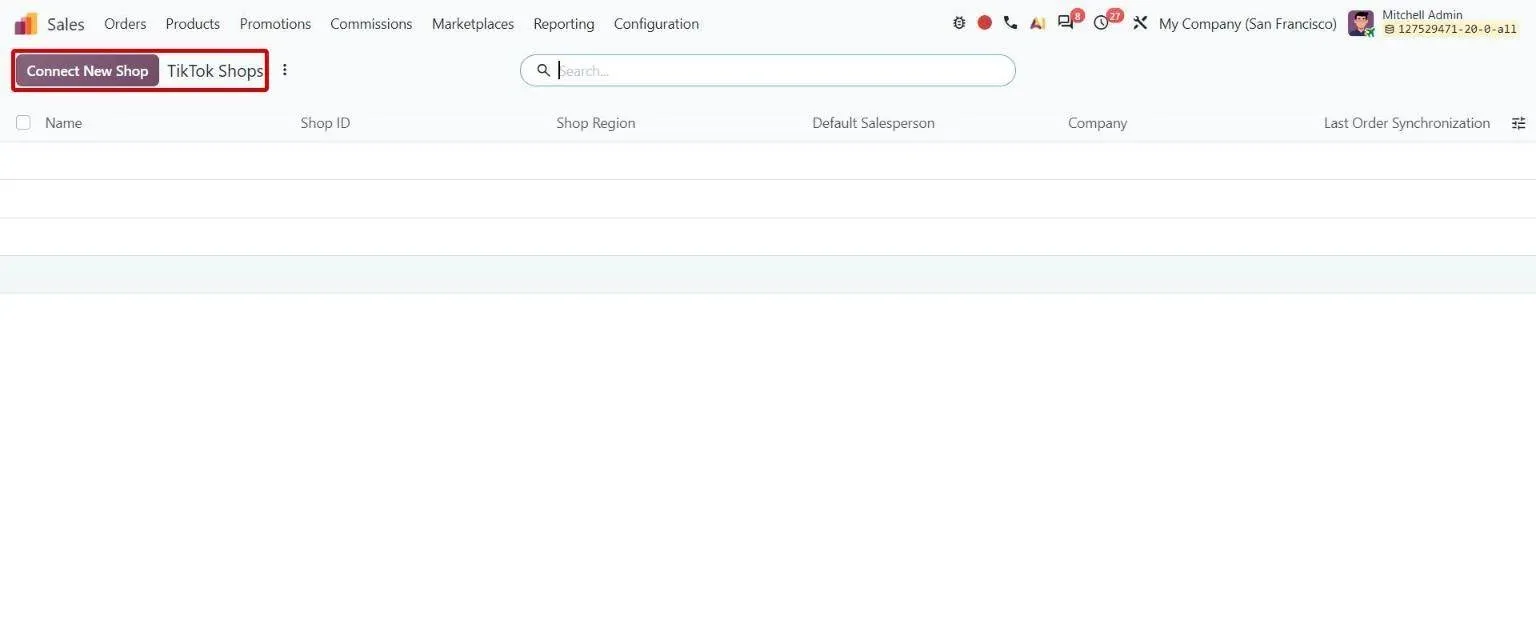 TikTok Shops list under Sales Marketplaces with Connect New Shop button