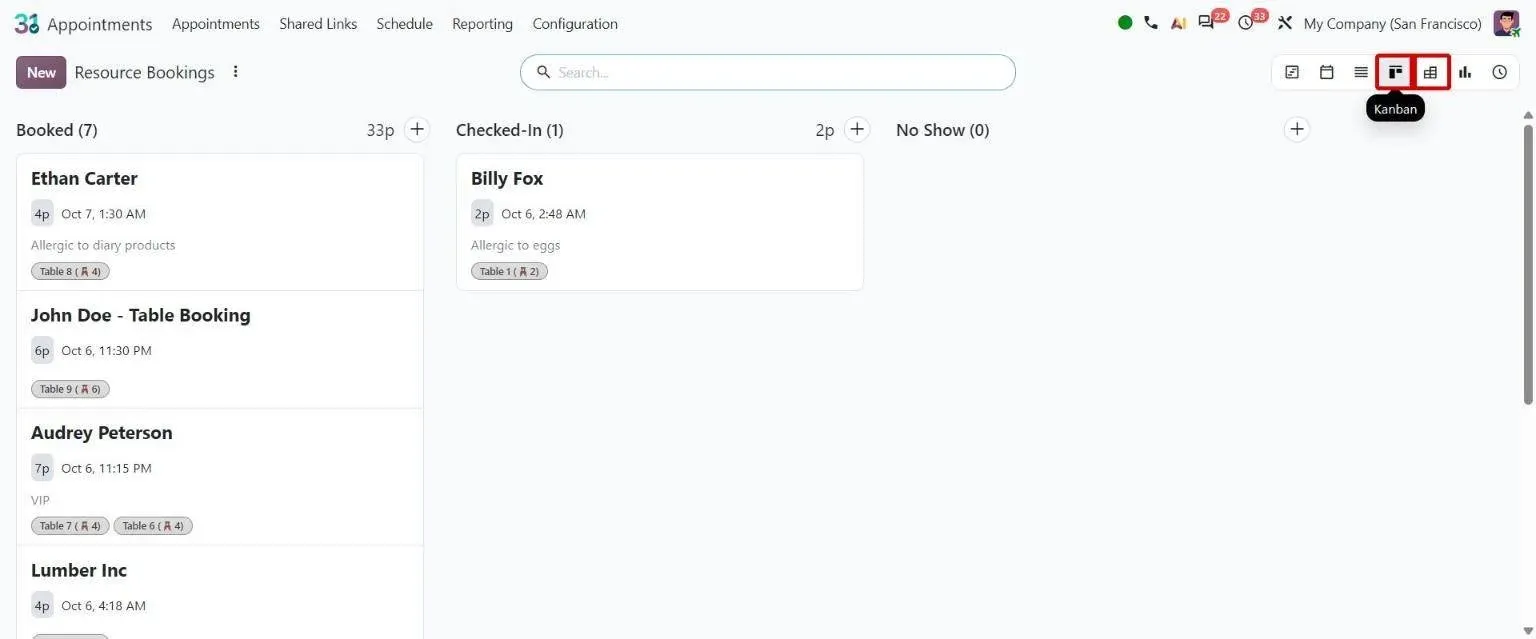 Resource Bookings in new Kanban view; Kanban and pivot view buttons boxed