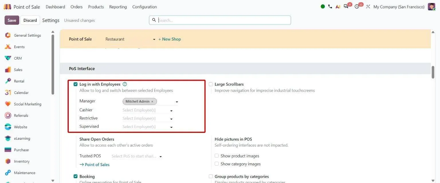 POS settings: employee access levels Manager, Cashier, Restrictive and new Supervised