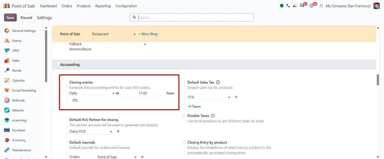 POS settings: Closing entries generated daily at a set hour or at closing