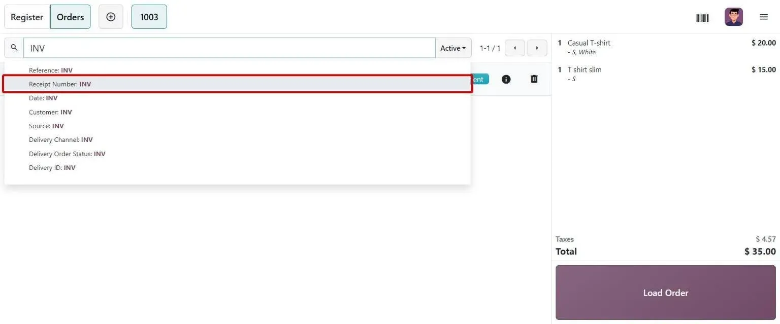 POS Orders screen search offering Receipt Number search option