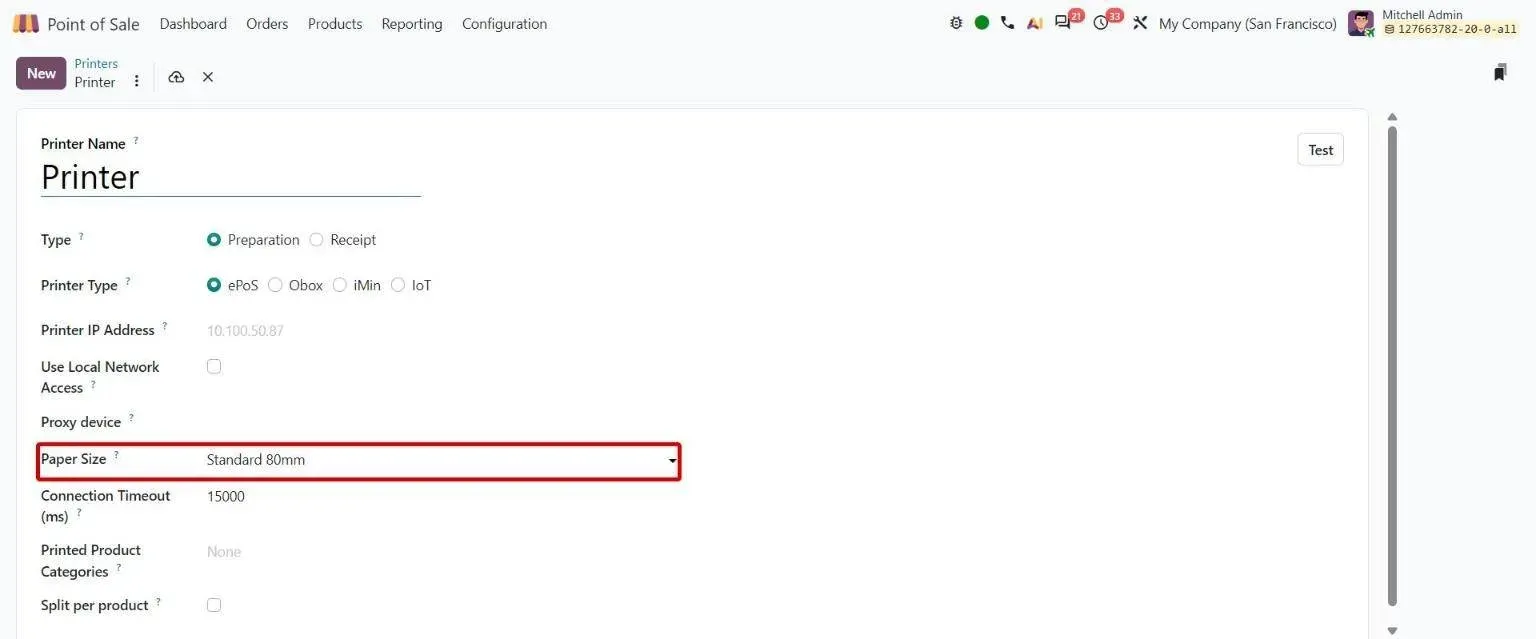 POS printer form in developer mode with new Paper Size setting