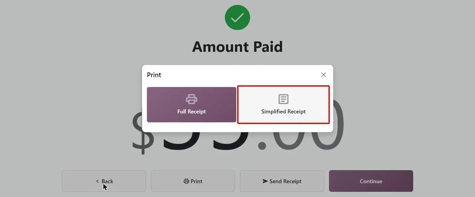 POS print dialog after payment offering Full or new Simplified Receipt