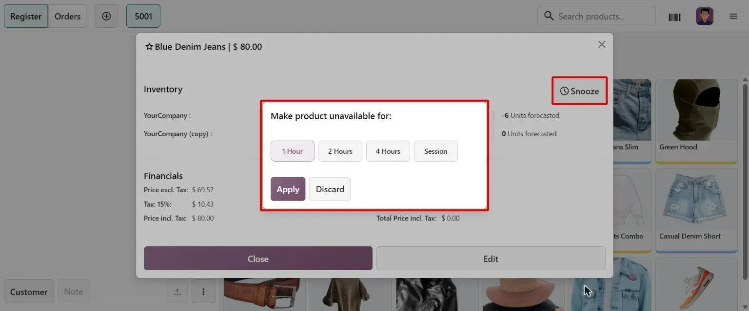 POS product info with Snooze button and unavailable-duration options