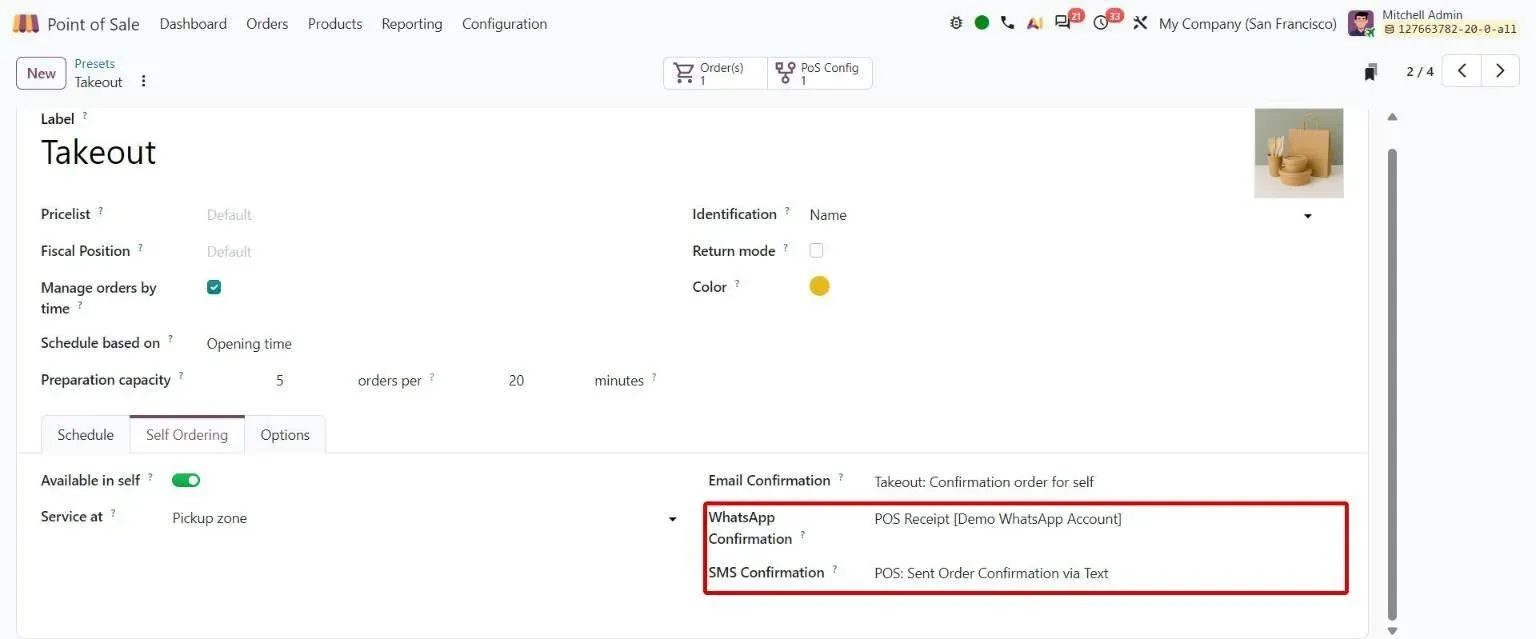 Takeout preset Self Ordering tab with WhatsApp and SMS confirmation templates