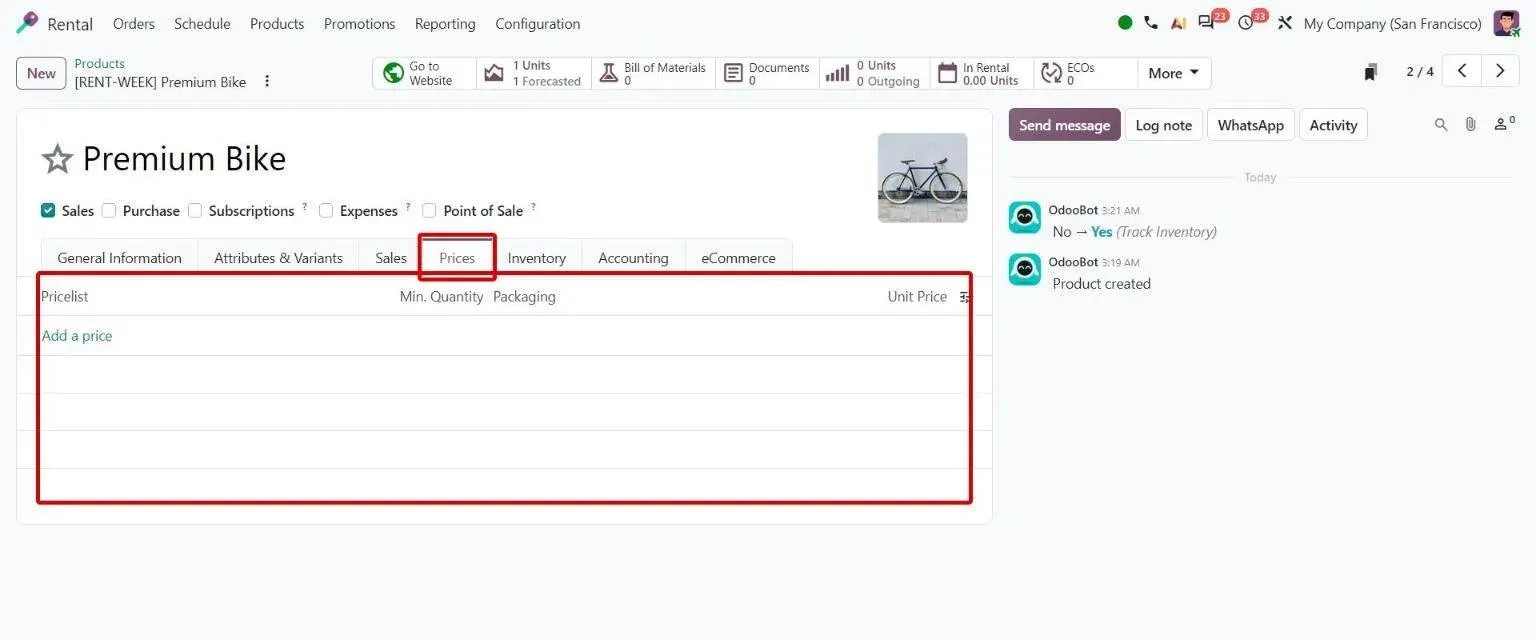 Rental product form with unified Prices tab for pricelist rules