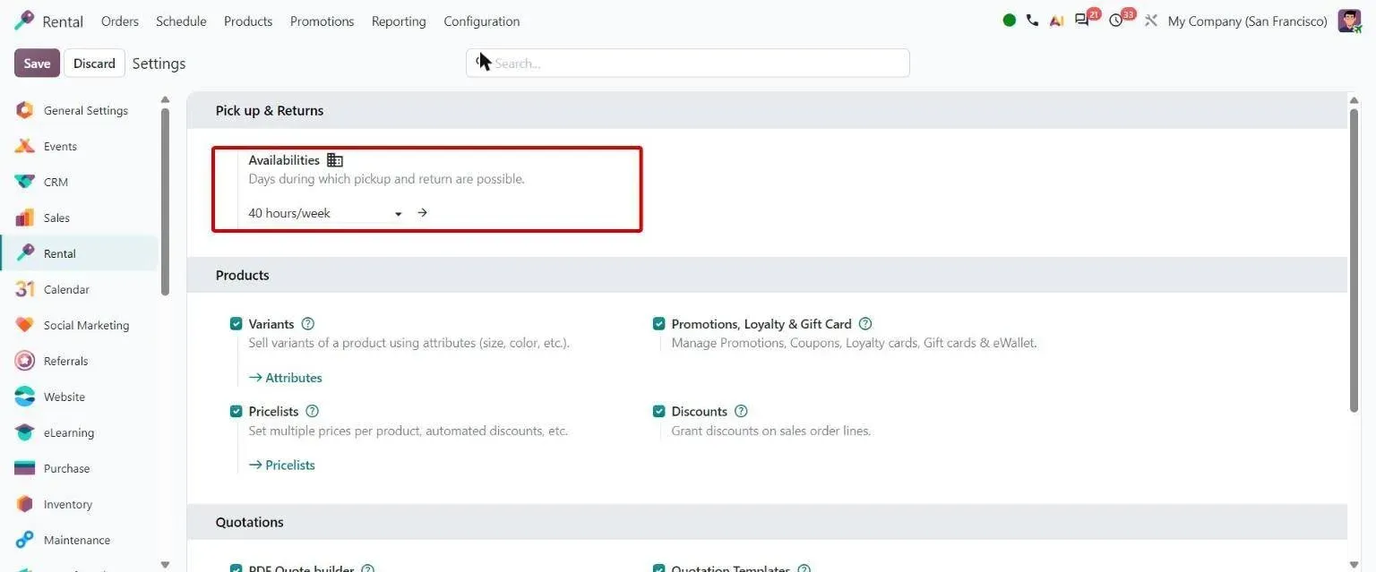 Rental settings: Availabilities working schedule defines valid pickup and return days