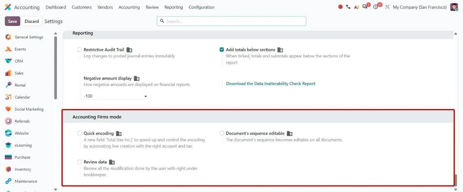 Accounting settings block with Quick encoding, editable sequences and Review data toggles