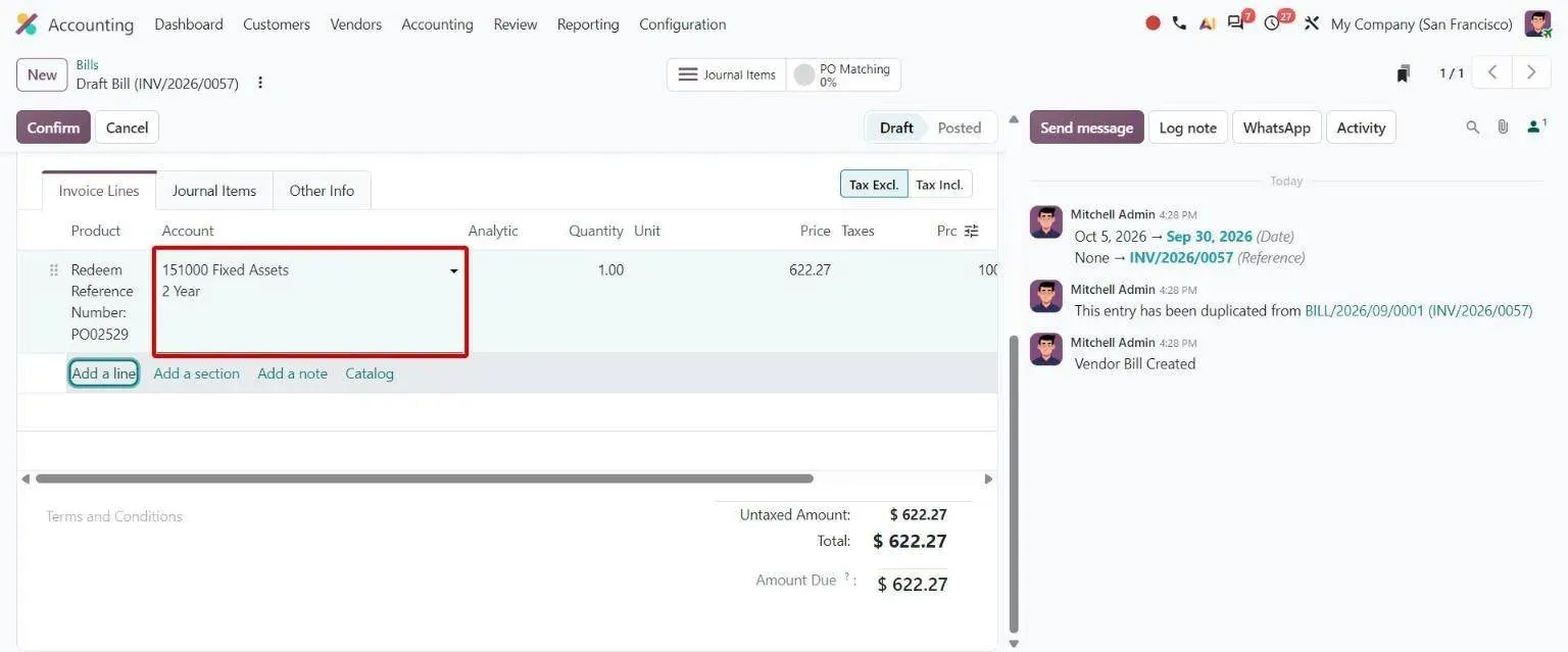 Bill line with depreciation model stacked beneath the fixed asset account