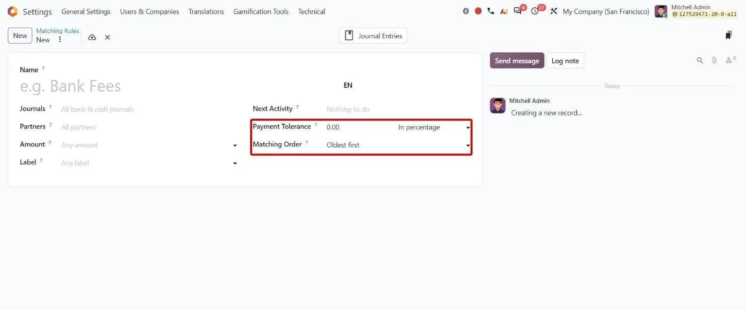 New Matching Rule form with Payment Tolerance and Matching Order fields