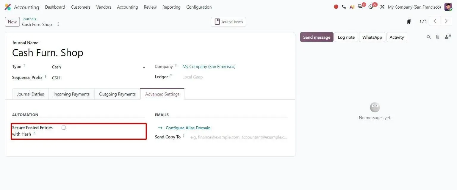 Cash journal Advanced Settings with Secure Posted Entries with Hash option