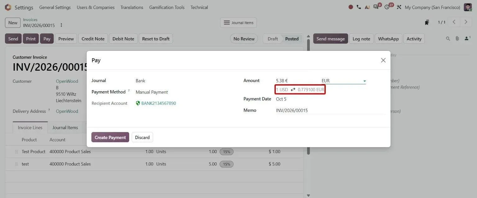 Pay wizard showing the explicit USD to EUR conversion rate under the amount