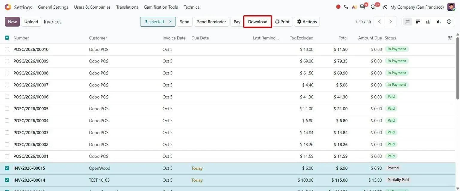 Customer invoice list with selected invoices and the new Download button