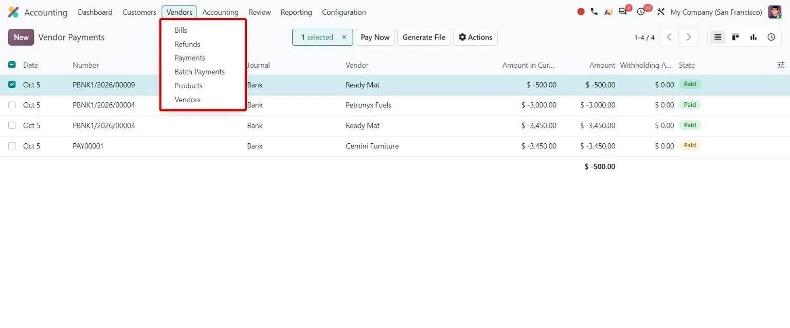 Accounting Vendors menu without a separate Employee Expenses entry