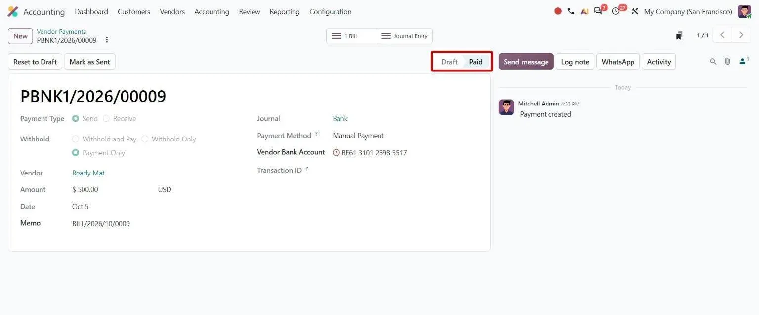 Vendor payment form with the simplified Draft and Paid status bar
