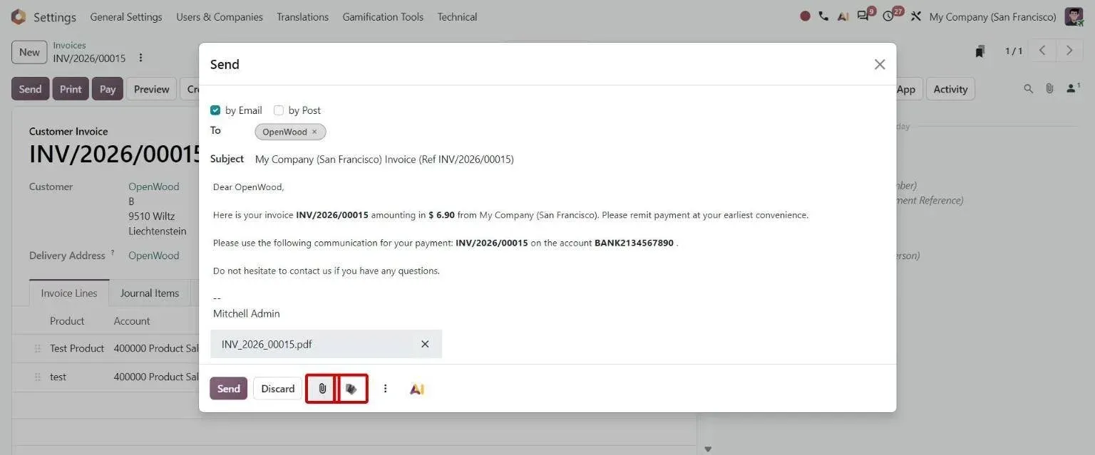 Invoice Send dialog with Add Attachment and Add from Documents buttons