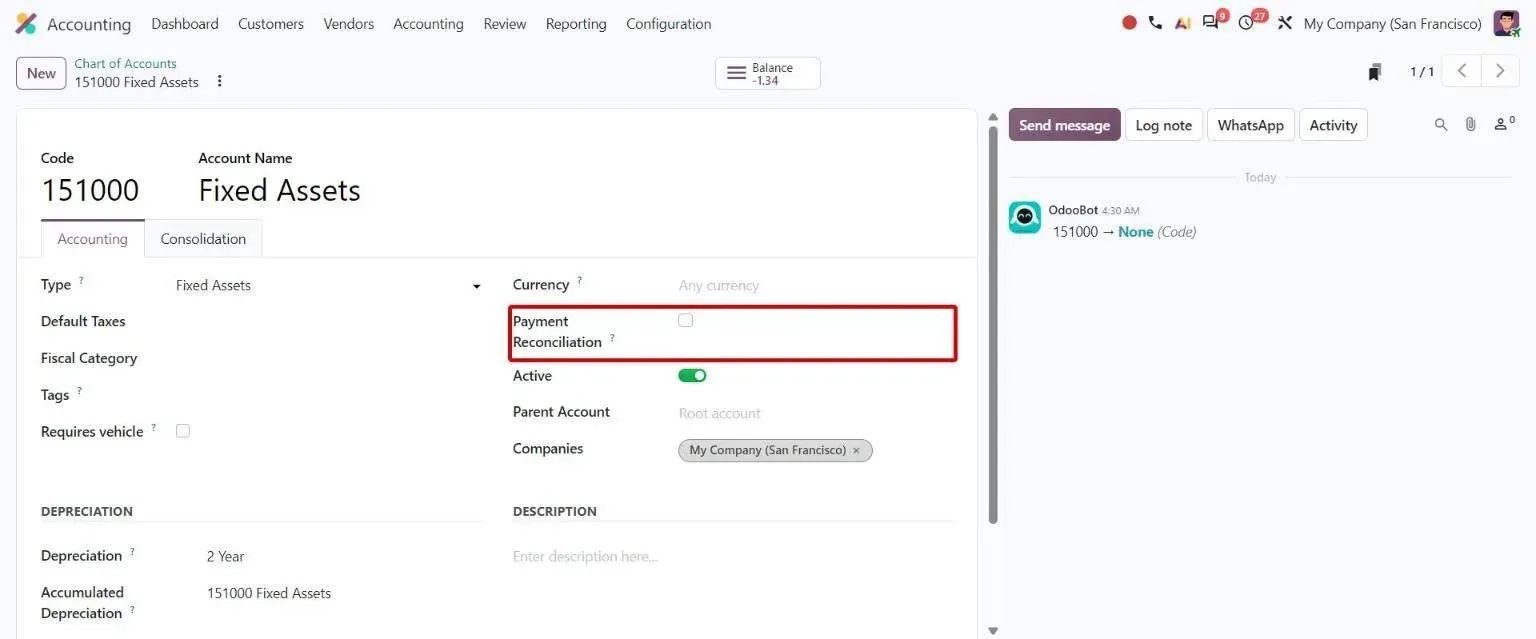 Account form with the renamed Payment Reconciliation toggle