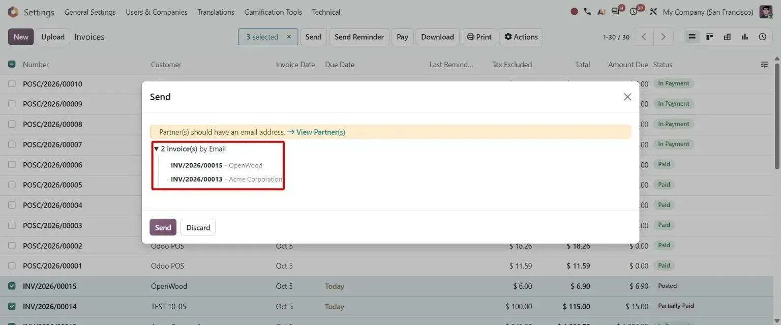 Batch Send dialog grouping selected invoices by delivery method with customers