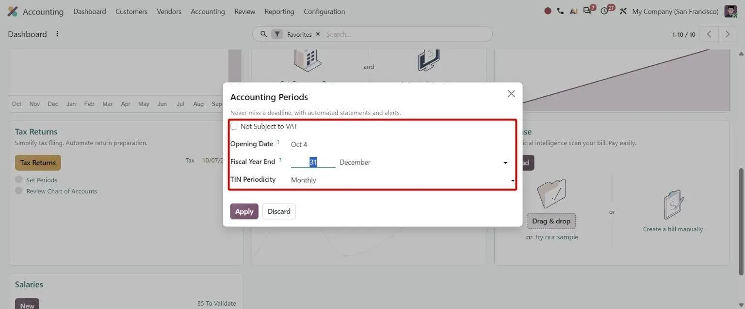 Set Periods dialog with Not Subject to VAT and tax periodicity