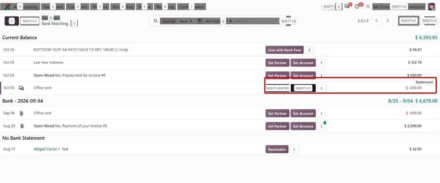 Bank Matching transaction buttons showing keyboard shortcuts while Alt is held
