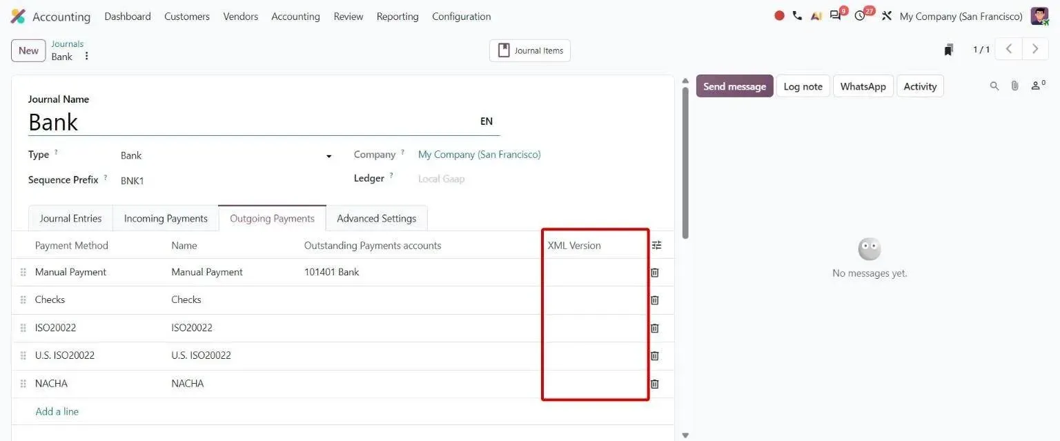 Bank journal Outgoing Payments tab with the per-method XML Version column